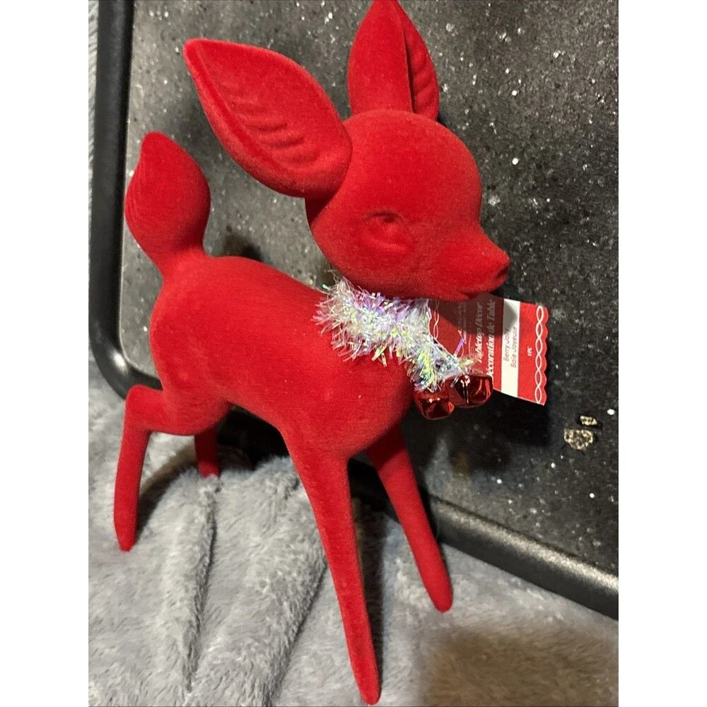 NWT Ashland Red Flocked Tabletop Deer Christmas Holiday Lot Of 2 11.5” And 6.5”